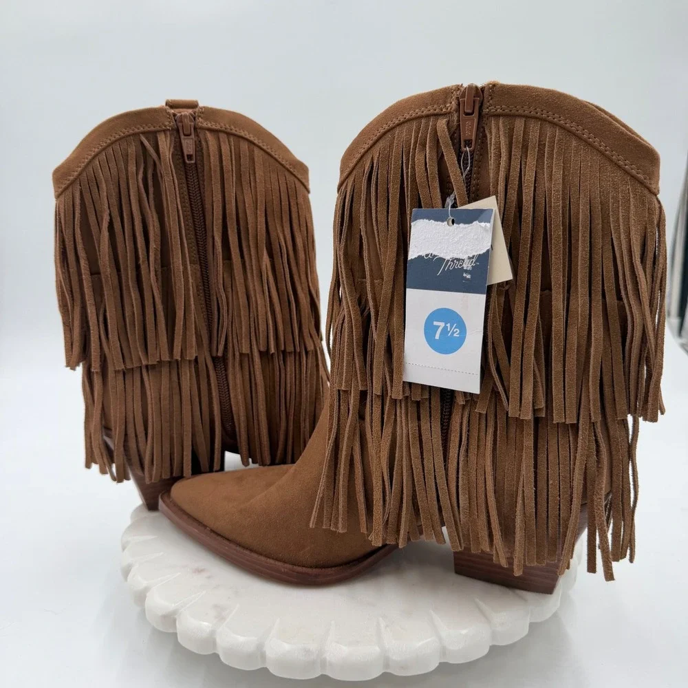 Universal Thread Austin Fringe Western Boots Cognac Brown Faux Suede Womens 7.5